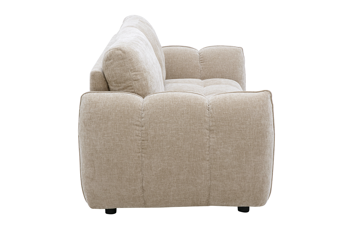 3-Sitzer-Designsofa aus Stoff mit taupefarbenem, strukturiertem Samteffekt, Seitenansicht.
