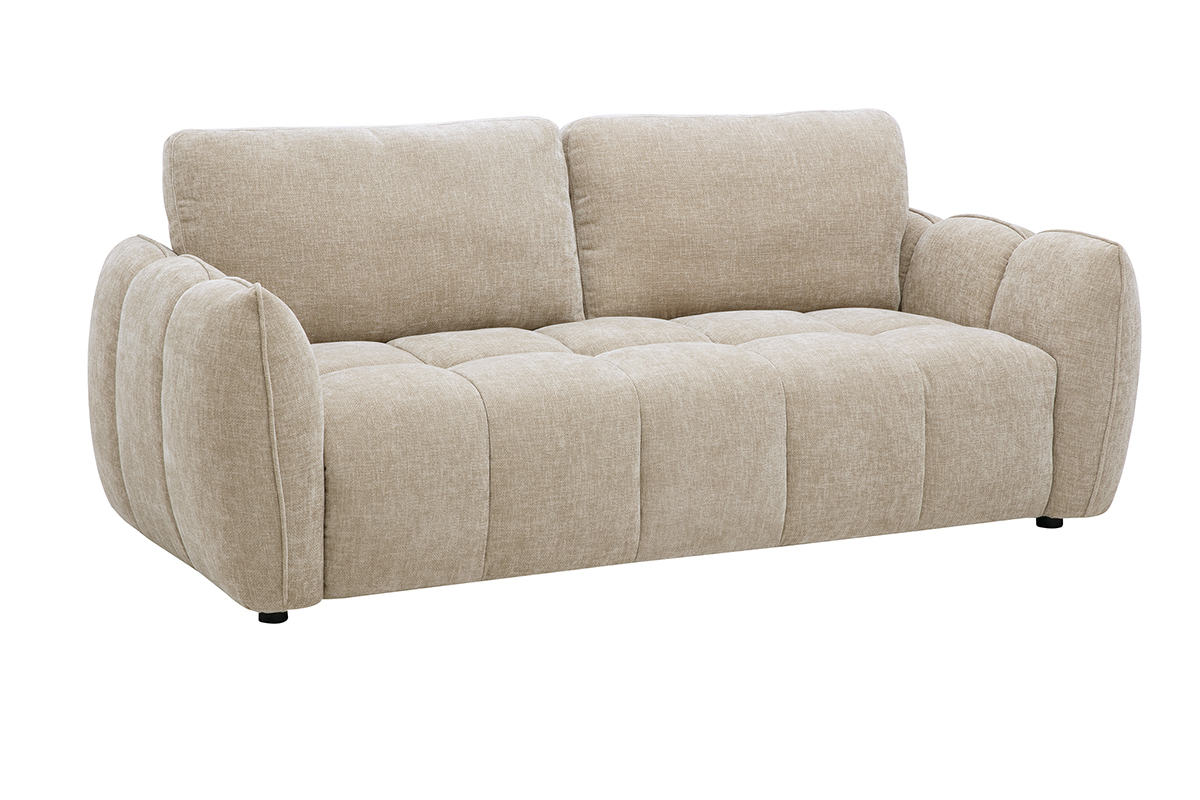 Design-Sofa f�r 3 Personen in Taupe, 3/4-Ansicht, mit gepolsterter Sitzfl�che und abgerundeten Formen.