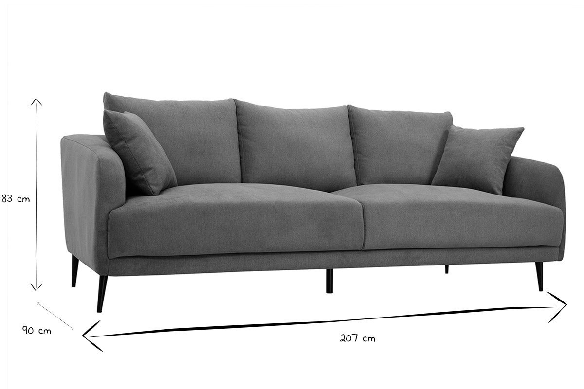 Design-Dreisitzer-Sofa aus grauem Samtstoff mit den Ma�en 207x90x83 cm in Schwarz und Wei�.