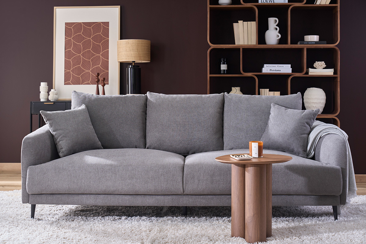 Design-Sofa mit grauem Stoff im Samtdesign und schwarzem Metall 3-Sitzer JERRY