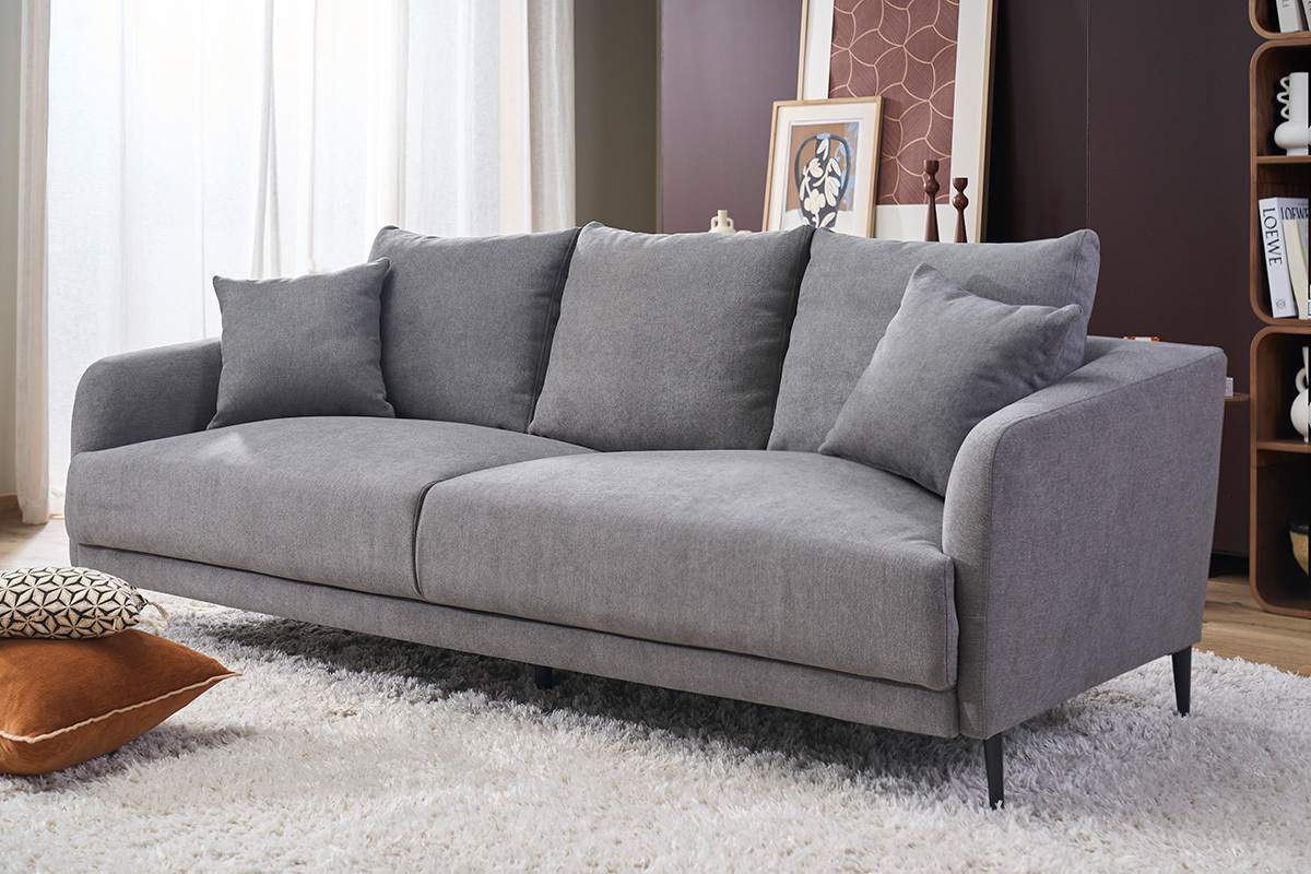 Design-Sofa mit grauem Stoff im Samtdesign und schwarzem Metall 3-Sitzer JERRY