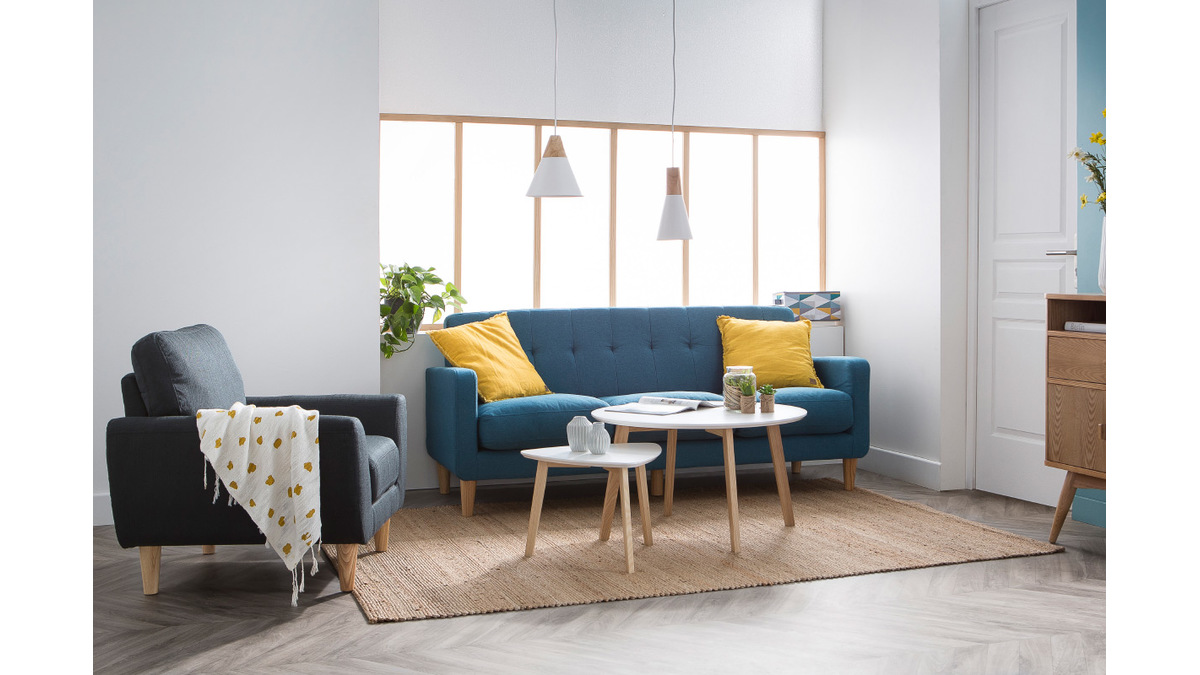 Design-Sofa skandinavisch lagunenblauer Stoff 3-Sitzer LUNA