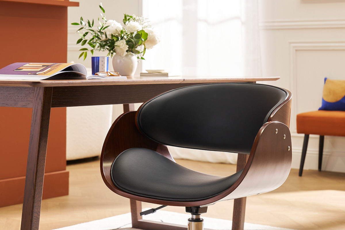Design-Stuhl auf Rollen Schwarz und Nussbaum BENT