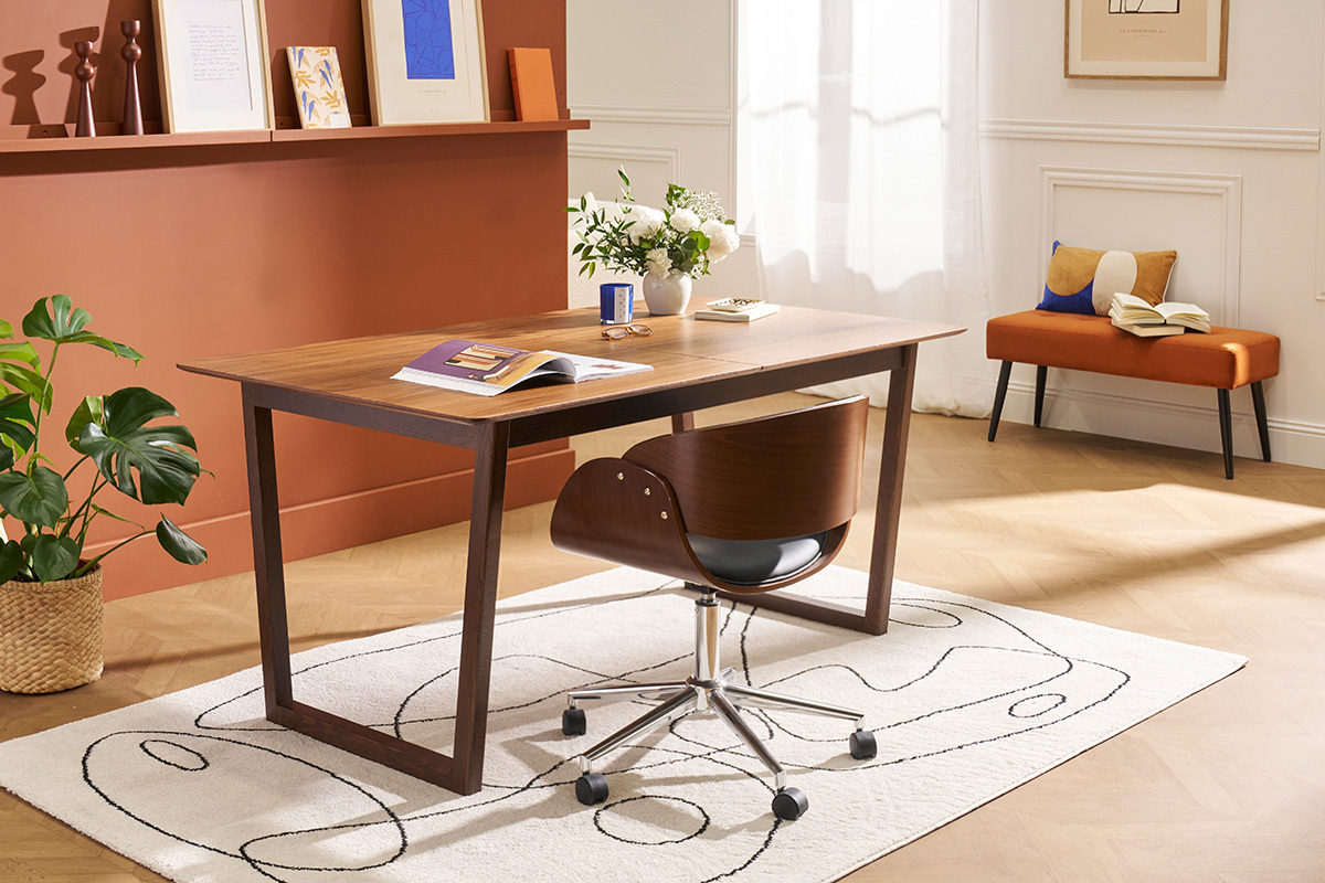 Design-Stuhl auf Rollen Schwarz und Nussbaum BENT