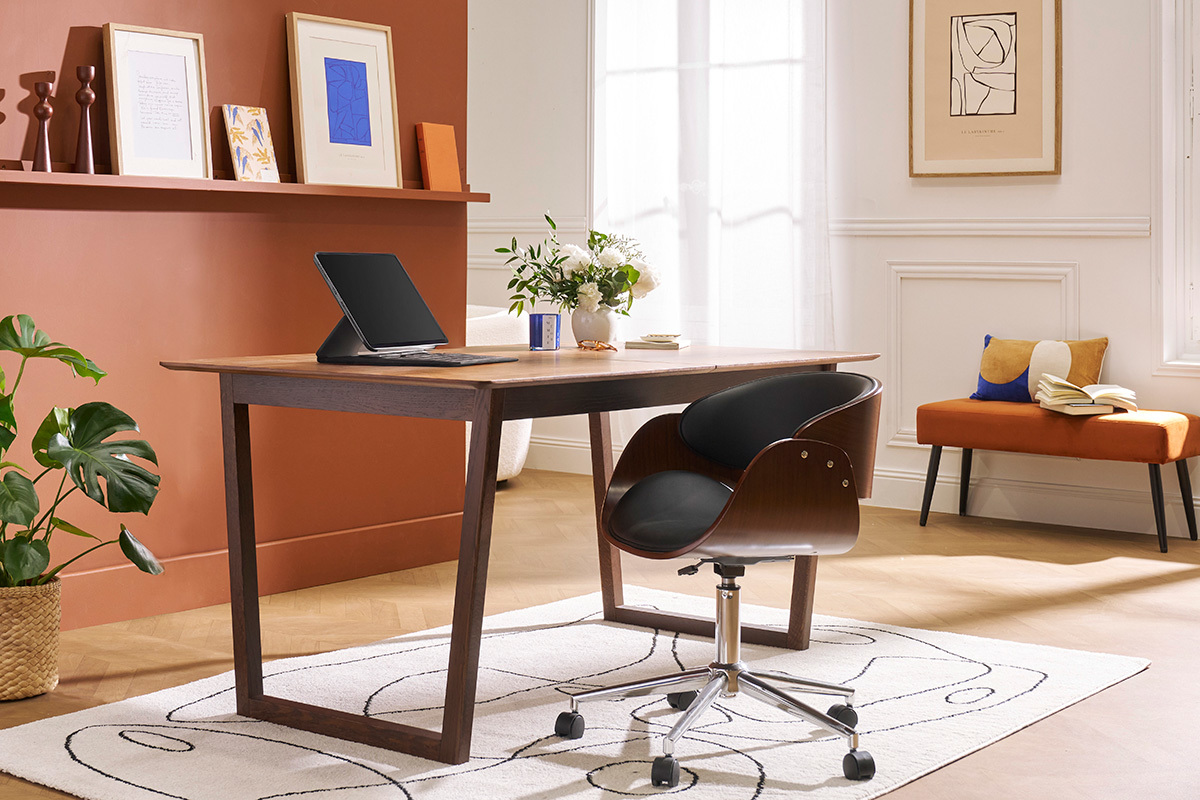 Design-Stuhl auf Rollen Schwarz und Nussbaum BENT