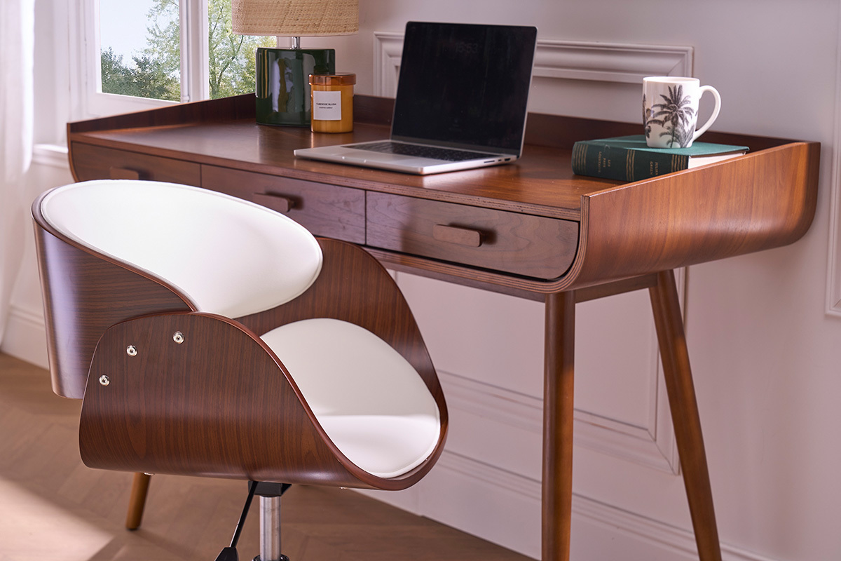 Design-Stuhl auf Rollen Wei und Nussbaum BENT