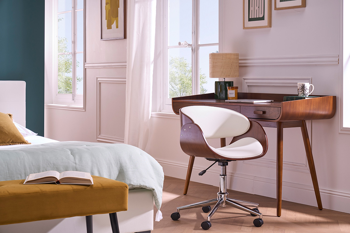 Design-Stuhl auf Rollen Wei und Nussbaum BENT