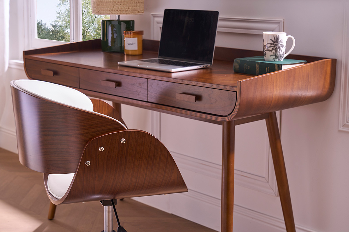 Design-Stuhl auf Rollen Wei und Nussbaum BENT
