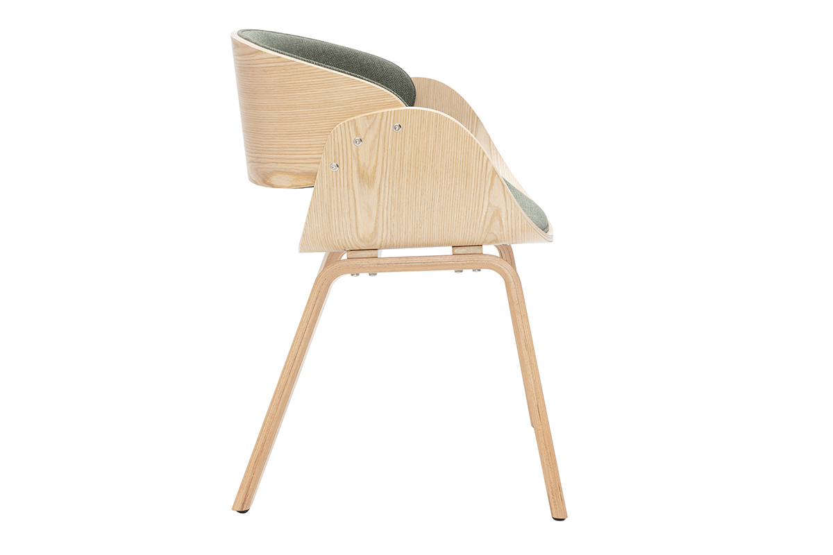Design-Stuhl aus khakigrnem Stoff und hellem Holz BENT