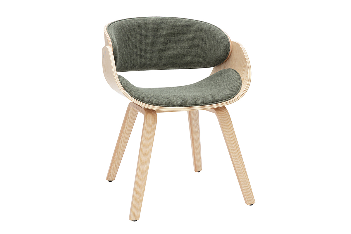 Design-Stuhl aus khakigrnem Stoff und hellem Holz BENT
