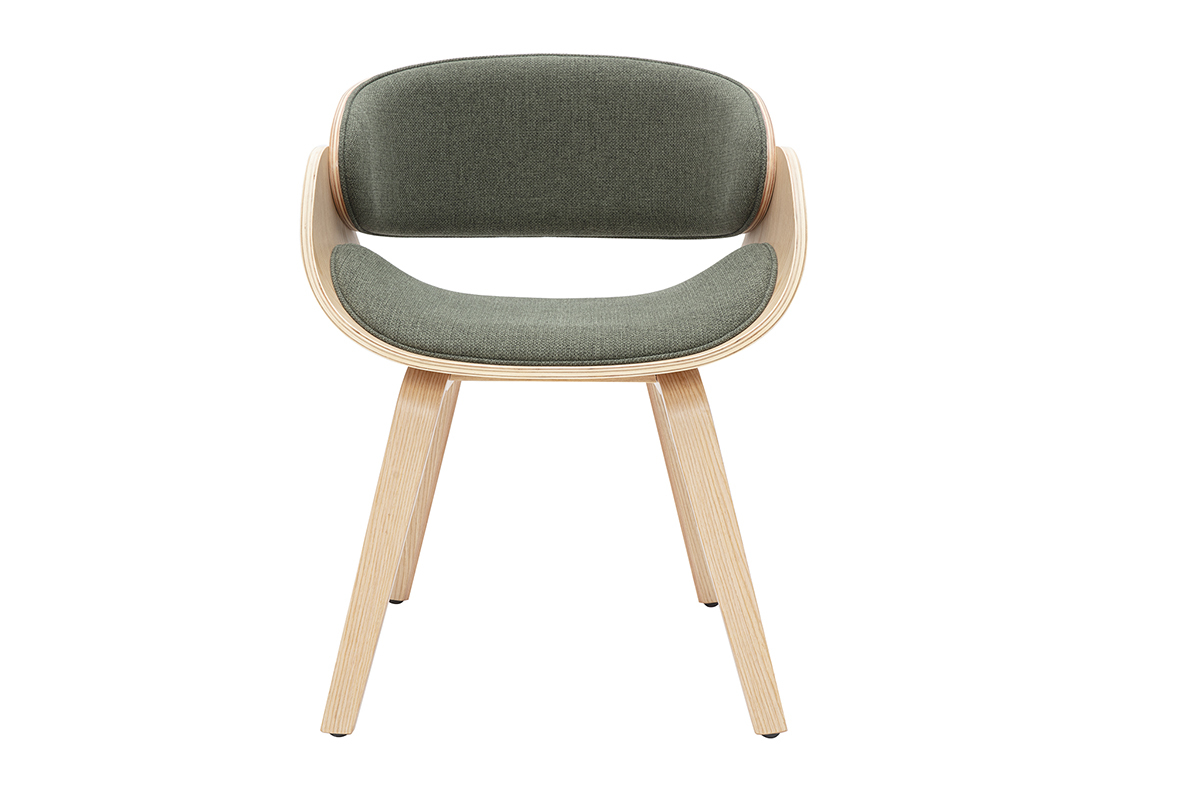 Design-Stuhl aus khakigrnem Stoff und hellem Holz BENT