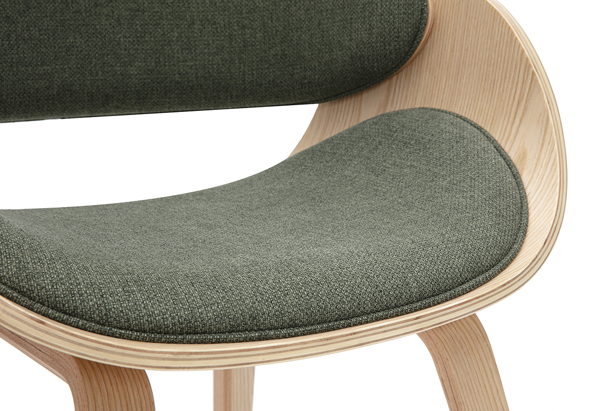 Design-Stuhl aus khakigrnem Stoff und hellem Holz BENT