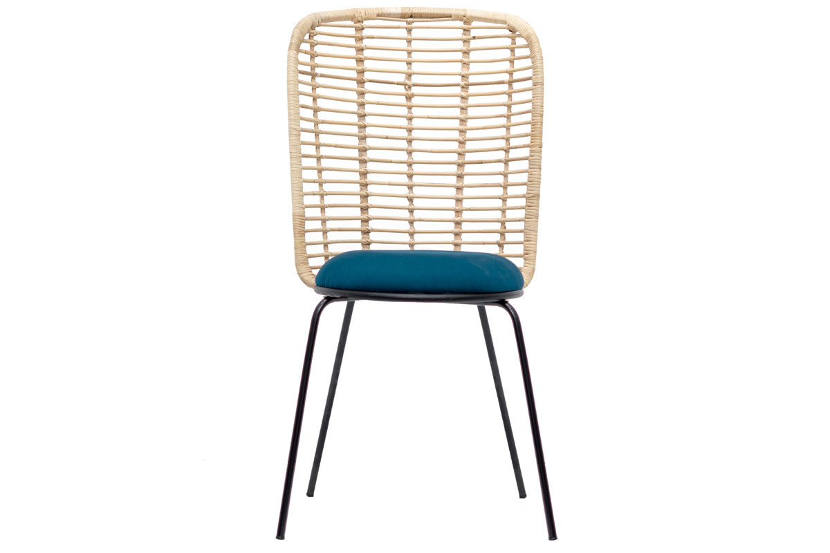 Design-Stuhl aus Rattan und petrolblauem Stoff NICOLAS