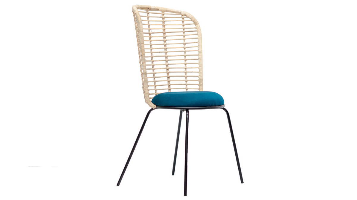 Design-Stuhl aus Rattan und petrolblauem Stoff NICOLAS
