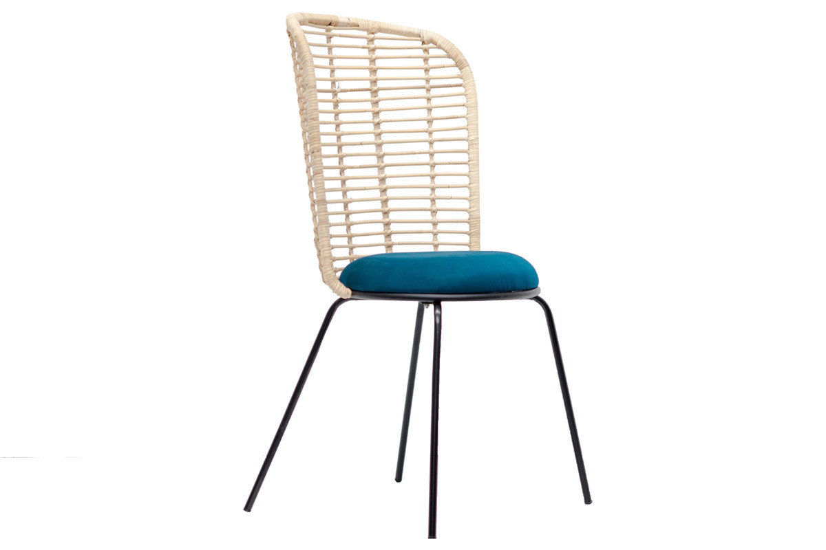 Design-Stuhl aus Rattan und petrolblauem Stoff NICOLAS