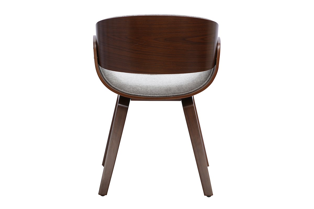 Designstuhl aus grauem Stoff und dunklem Holz, R�ckansicht, Scandi-Retro-Stil.