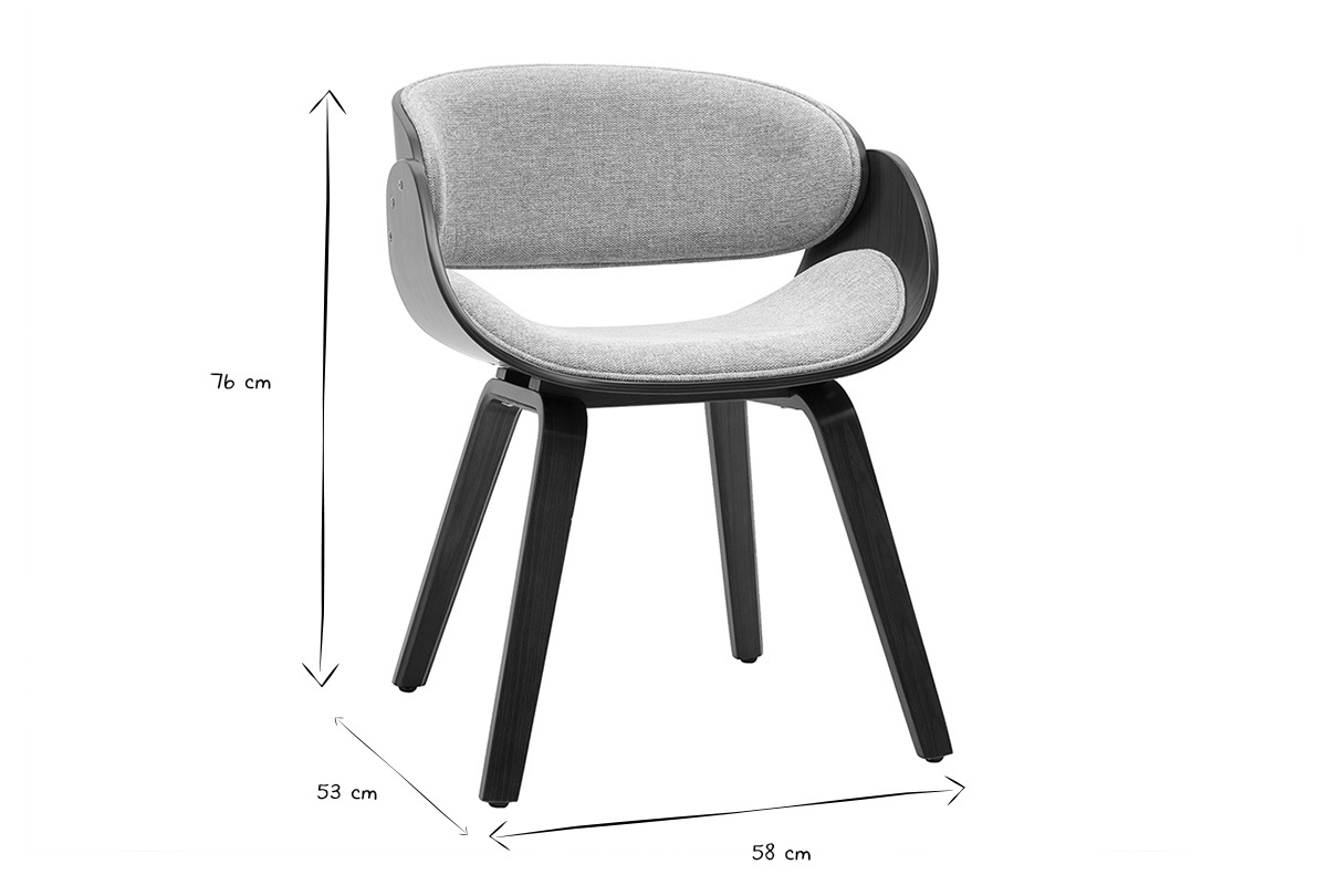 Abmessungen des Designstuhls BENT: H�he 76 cm, Tiefe 53 cm, Breite 58 cm, in Schwarz und Wei�.