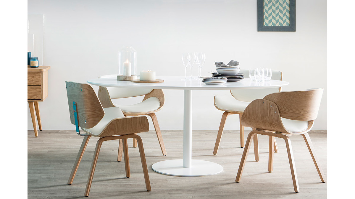 Design-Stuhl, weiß und helles Holz RUBBENS