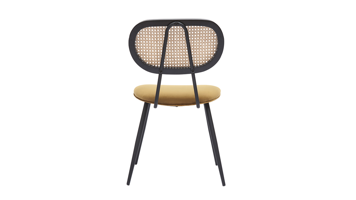 Design-Sthle aus bronzefarbenem Samtstoff, schwarzem Metall und naturfarbenem Rattangeflecht (2er-Set) TOLMA