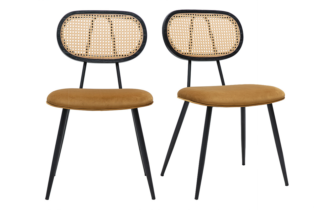 Zwei SWANN St�hle in Bronze-Samt mit R�ckenlehne aus Rattangeflecht und schwarzen Metallf��en, Frontansicht.