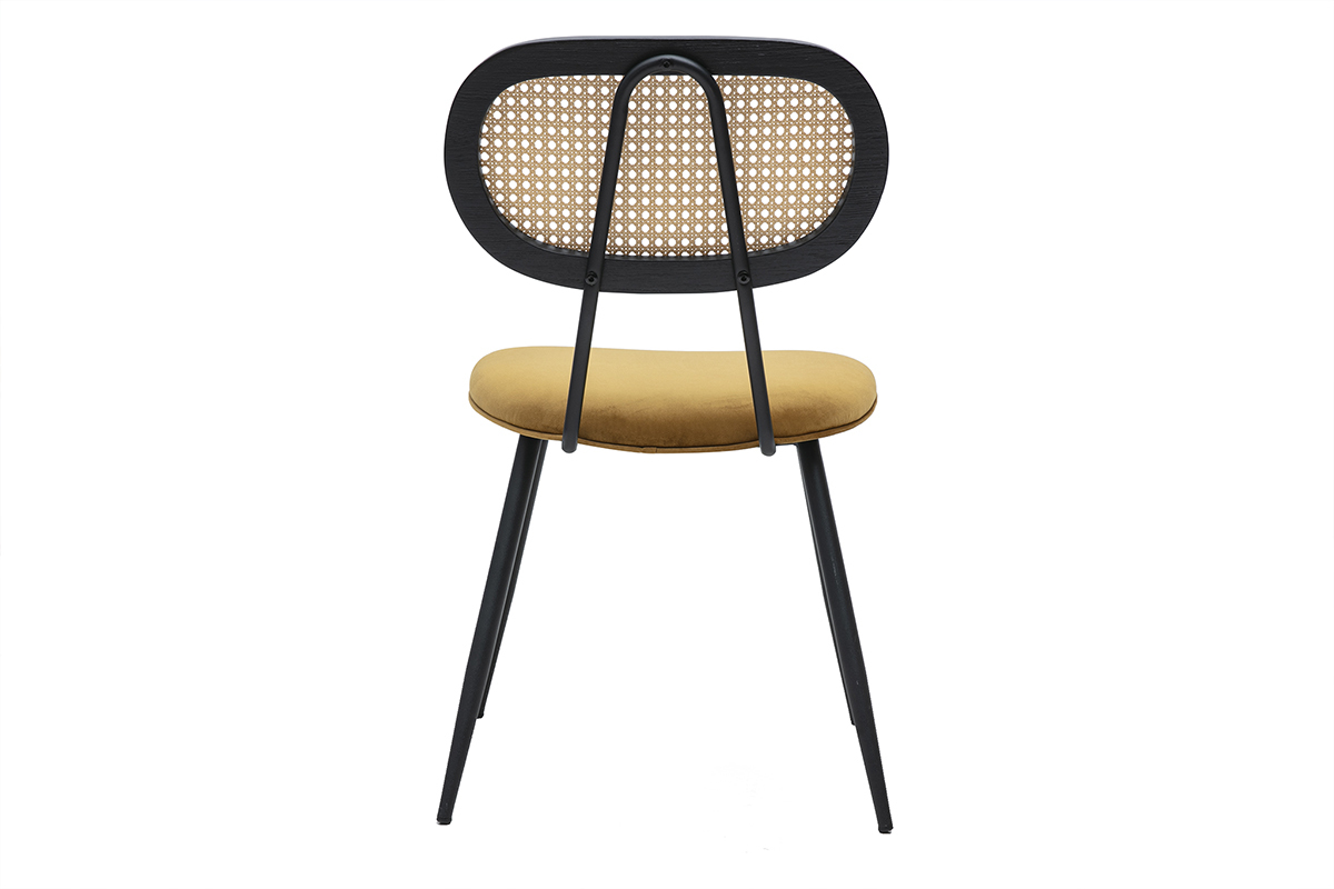 SWANN Stuhl in bronzefarbenem Samt, R�ckenlehne aus Rattangeflecht, R�ckansicht, schwarze Metallbeine.