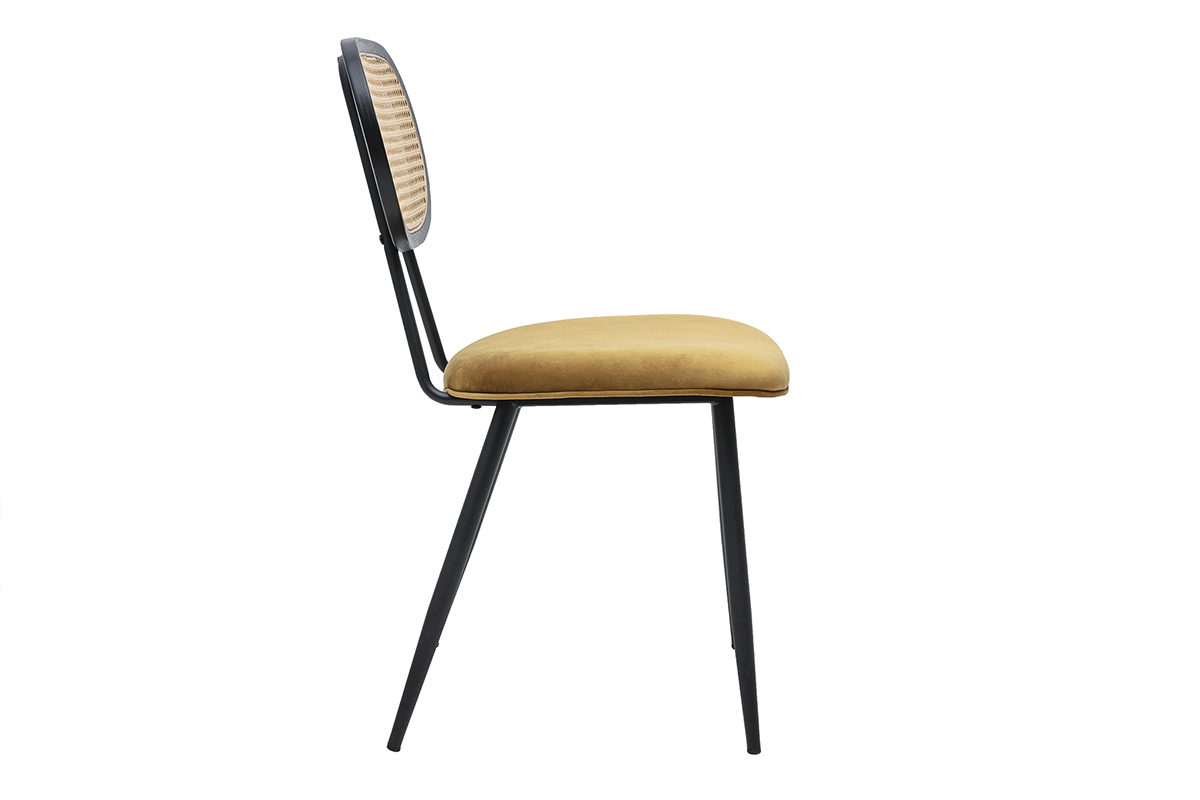 Samtstuhl in Bronze mit R�ckenlehne aus Rattan und schwarzem Metallfu�, Seitenansicht.
