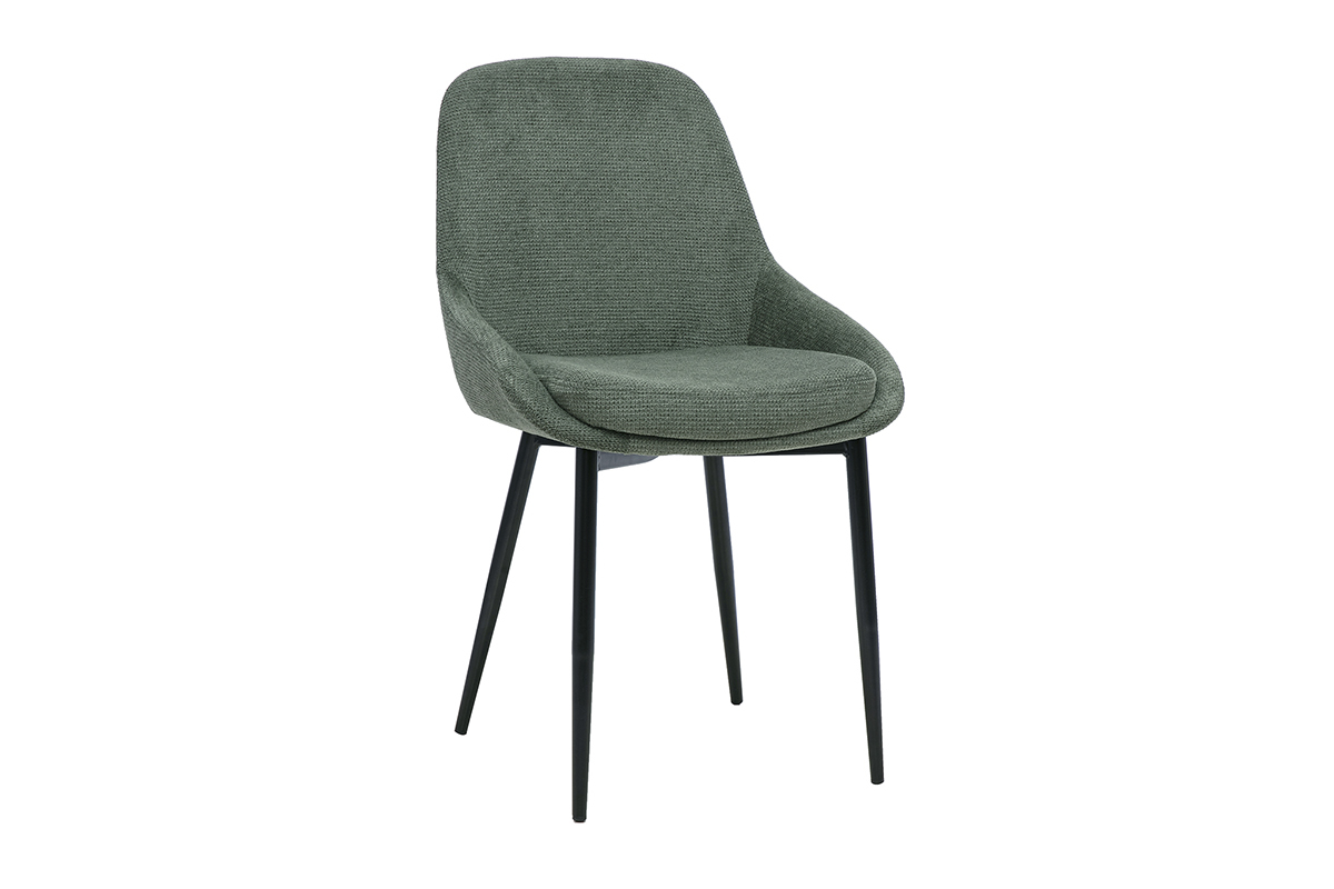 Designstuhl aus khakigr�nem Chenille-Stoff mit schwarzen Metallbeinen, 3/4-Ansicht.