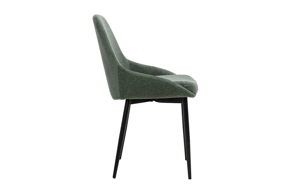 Designstuhl aus gr�n-khaki Chenille-Stoff mit schwarzem Metallgestell, Seitenansicht.