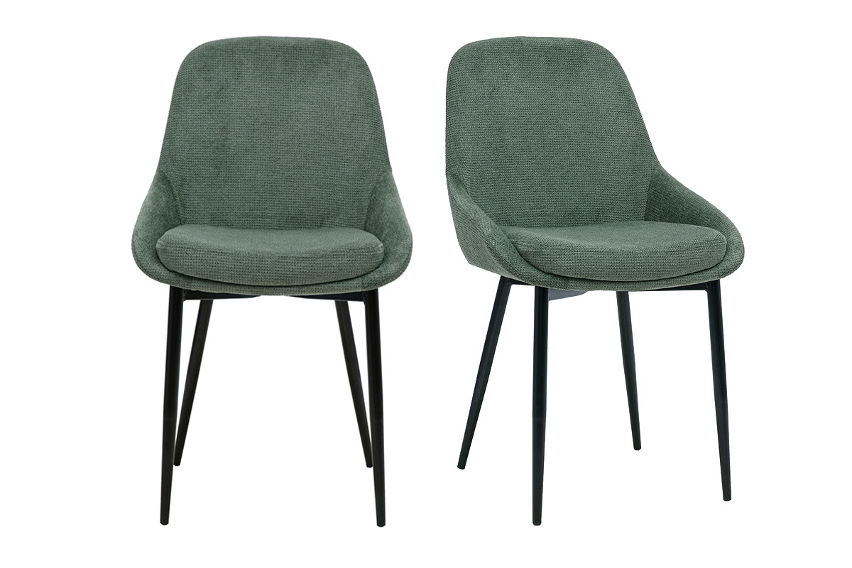 Set aus 2 Design-St�hlen aus gr�n-khakifarbenem Chenille-Stoff mit schwarzer Metallstruktur, Vorderansicht.