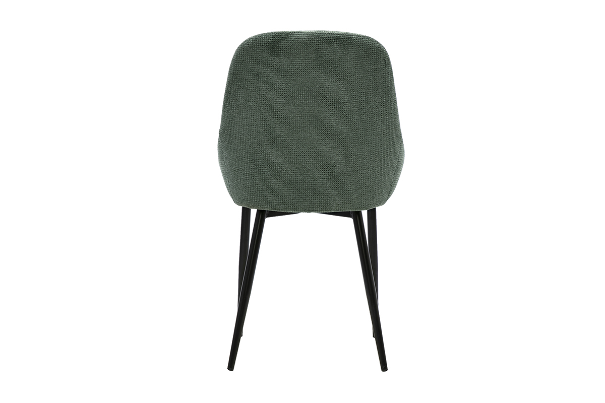 Designerstuhl aus khakigr�nem Chenille-Stoff, von hinten gesehen, mit schwarzem Metallgestell.