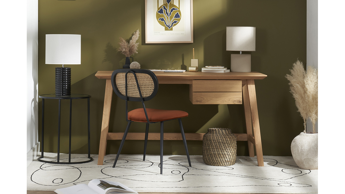 Design-Stühle aus rotbraunem Samtstoff, schwarzem Metall und naturfarbenem Rattangeflecht (2er-Set) TOLMA