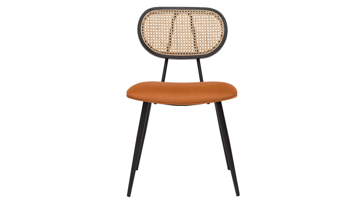 Design-Stühle aus rotbraunem Samtstoff, schwarzem Metall und naturfarbenem Rattangeflecht (2er-Set) TOLMA