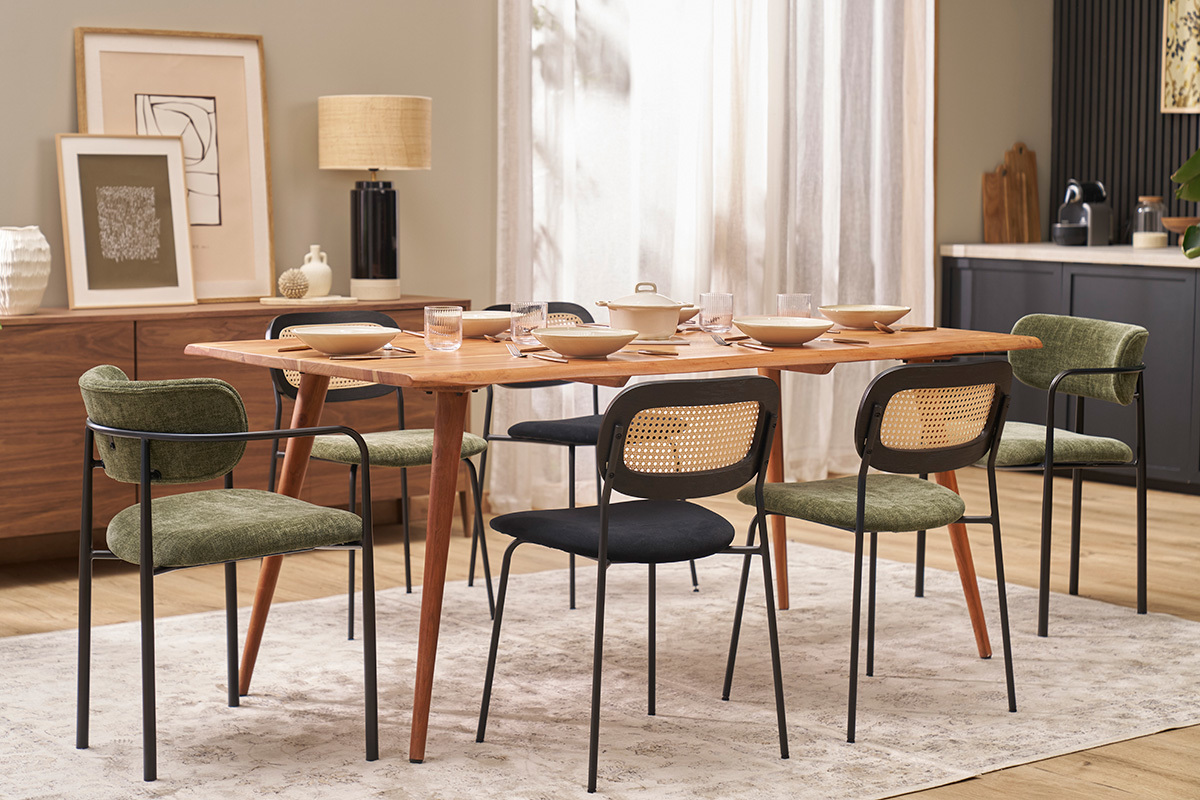 Design Sthle aus schwarzem Samt, schwarzem Metall und Rattan-Geflecht (Set von 2) MIRANDA