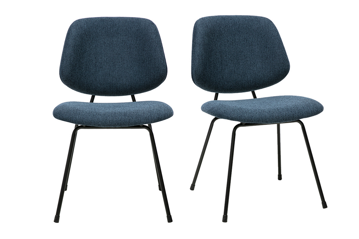Set aus 2 Designst�hlen aus dunkelblauem Stoff und schwarzem Metall, Vorderansicht