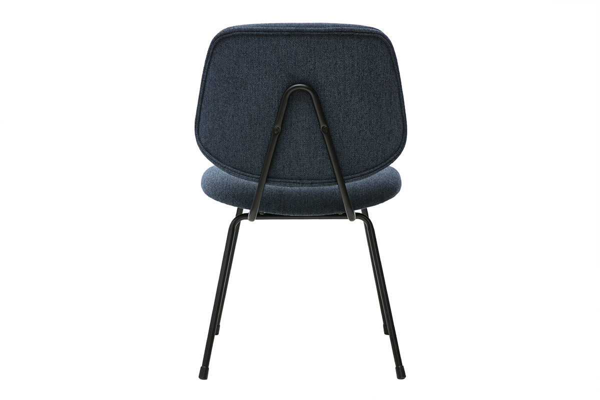 Designstuhl aus dunkelblauem Stoff, R�ckansicht, mit schwarzer Metallstruktur.