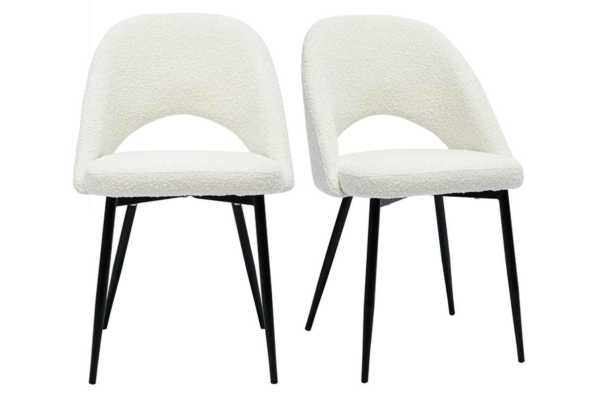 Design-Sthle aus Stoff mit Boucl-Wolleffekt in Wei und schwarzem Metall (2er-Set) COSETTE