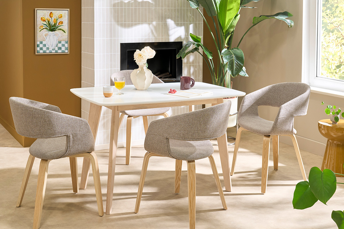 Design-St�hle aus taupefarbenem Stoff mit hellen Holzbeinen (2er-Set) SLAM