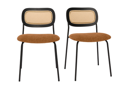 Design-Stühle aus texturiertem Samtstoff in verbrannter Erde, schwarzem Metall und Rattan-Geflecht (2er-Set) MIRANDA