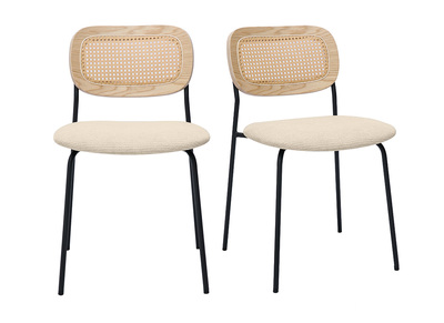 Design-Stühle in beigem strukturiertem Samteffektstoff, schwarzem Metall und Rattanwebung (2er-Set) MIRANDA