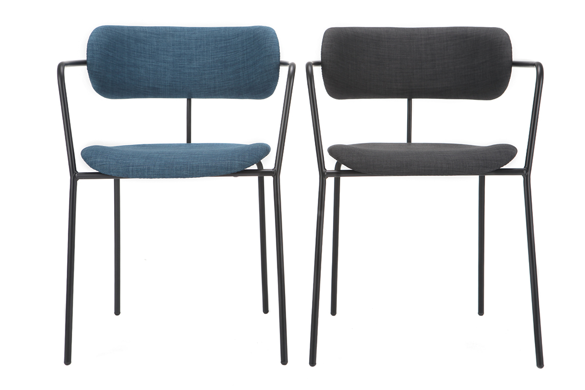 Design-St�hle stapelbar aus schwarzem Metall und dunkelgrauem Stoff (2er-Satz) ANGEL
