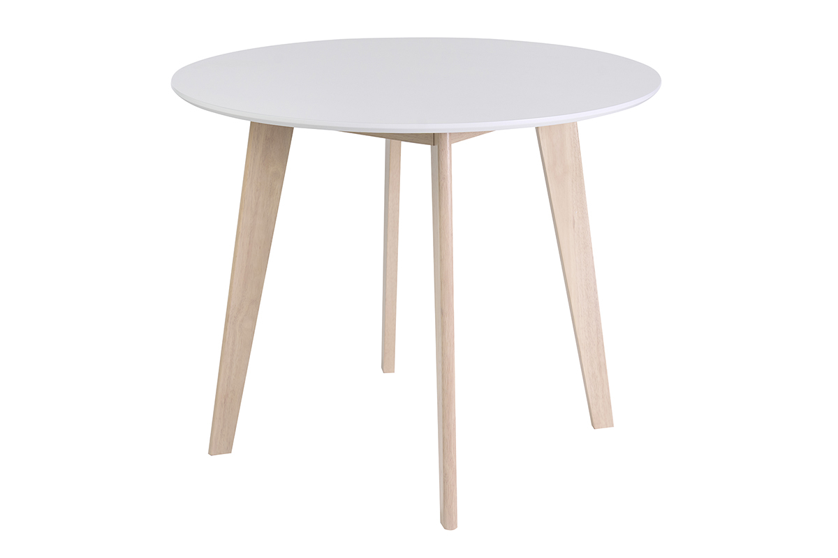Runder wei�er skandinavischer Tisch mit Holzbeinen, D100 cm, 3/4-Ansicht