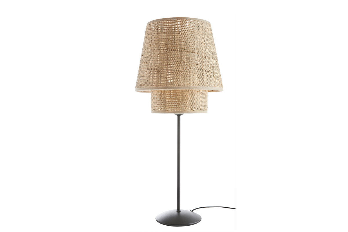Design-Tischleuchte aus Bast und schwarzem Metall H52 cm JUME