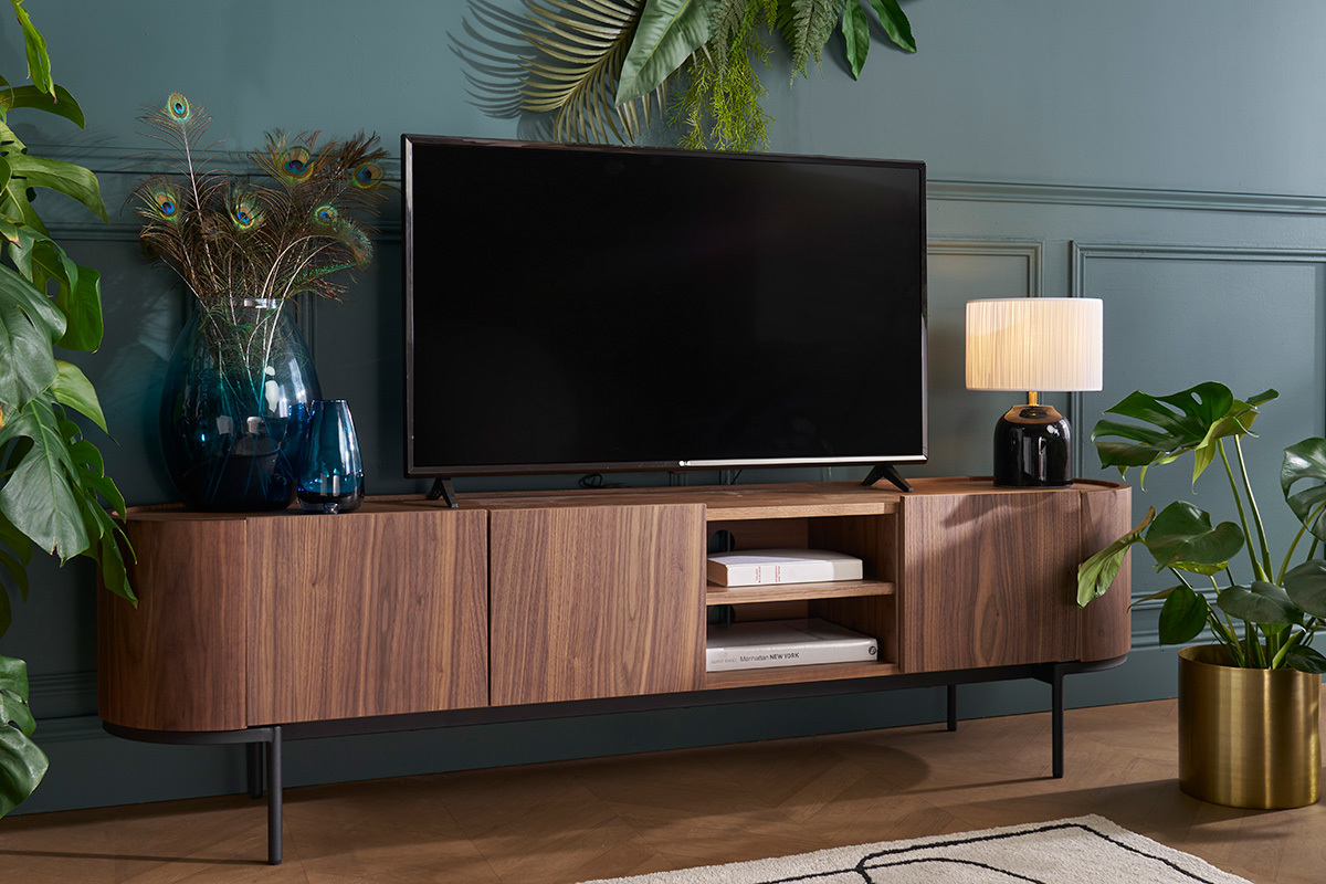 Design-TV-Mbel aus dunklem Walnussfurnier und schwarzem Metall mit Stauraum B180 cm SKYE