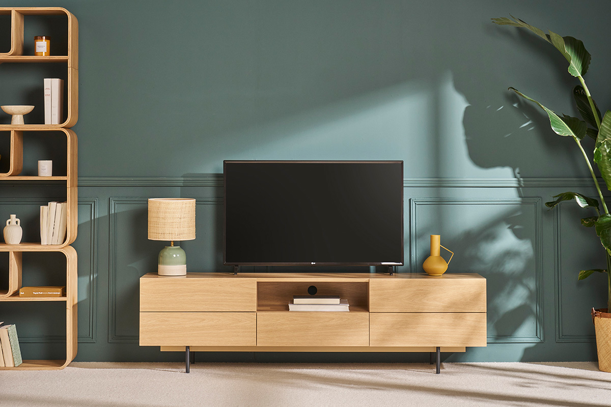 Design-TV-Mbel mit Stauraum aus hellem Eichenfurnier und schwarzem Metall B180 cm ALASKA