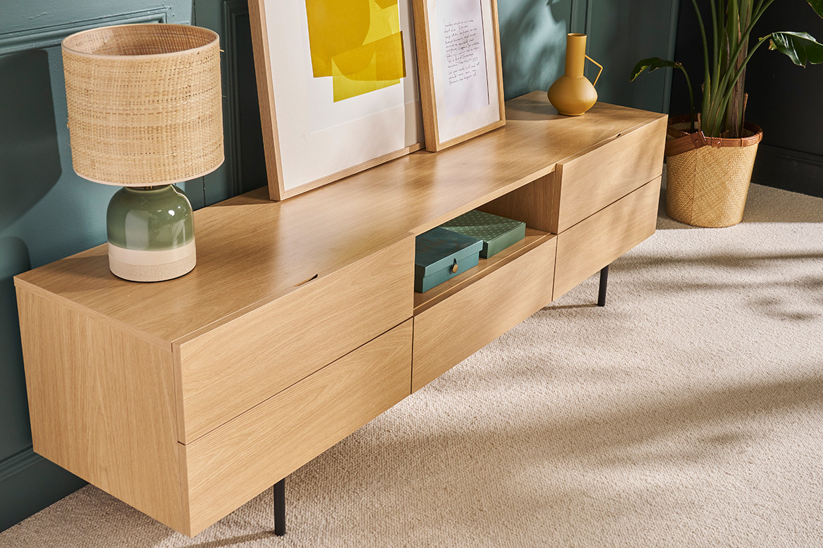 Design-TV-Mbel mit Stauraum aus hellem Eichenfurnier und schwarzem Metall B180 cm ALASKA