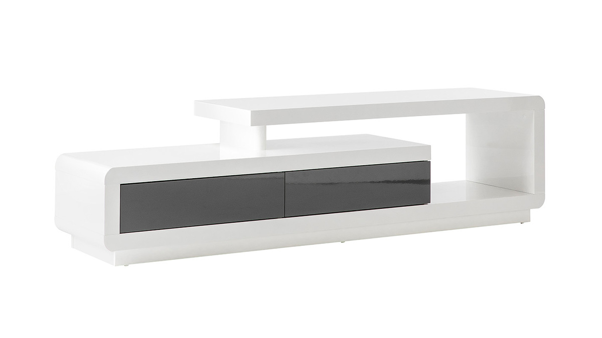 Design-TV-Möbel weiß lackiert mit grauen Schubladen ETANA