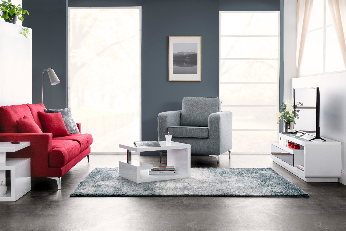 Design-TV-Mbel wei lackiert mit grauen Schubladen ETANA