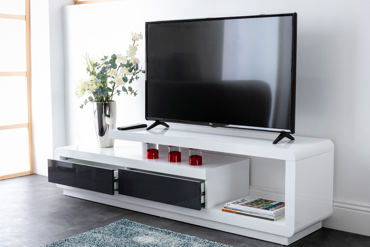 Design-TV-Mbel wei lackiert mit grauen Schubladen ETANA