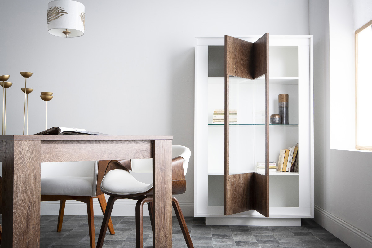 Design-Vitrine verglast wei und dunkles Holz-Dekor LAND