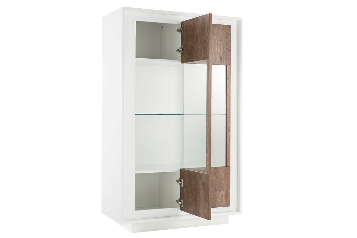 Design-Vitrine verglast wei und dunkles Holz-Dekor LAND
